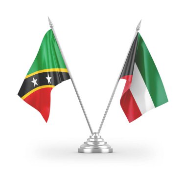 Kuveyt, Saint Kitts ve Nevis masa bayrakları beyaz arka planda izole edilmiş 3D görüntüleme