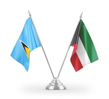 Kuveyt ve Saint Lucia masa bayrakları beyaz arkaplanda izole edilmiş 3D görüntüleme