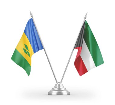 Kuveyt, Saint Vincent ve Grenadine masa bayrakları beyaz zemin üzerinde izole edilmiş 3D görüntüleme