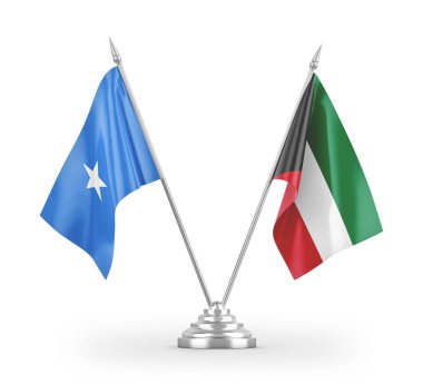 Beyaz arkaplandaki Kuveyt ve Somali masa bayrakları 3 boyutlu görüntüleme