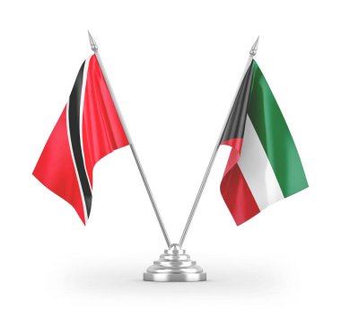 Kuveyt, Trinidad ve Tobago masa bayrakları beyaz arkaplanda izole edilmiş 3D görüntüleme