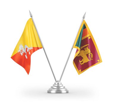 Beyaz arkaplan üzerinde izole edilmiş Sri Lanka ve Butan masa bayrakları 3d