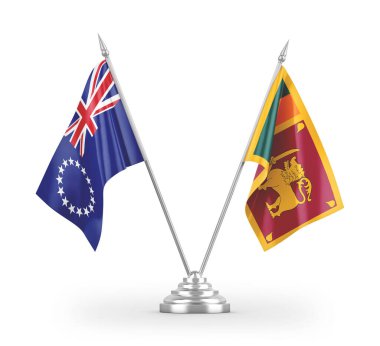 Sri Lanka ve Cook Adaları masa bayrakları beyaz arkaplanda izole edilmiş 3D görüntüleme