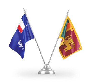 Sri Lanka ve Fransız Güney ve Antarktika 'daki masa bayrakları beyaz zemin üzerinde izole edilmiş 3D