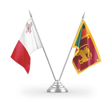 Beyaz arkaplandaki Sri Lanka ve Malta masa bayrakları 3 boyutlu görüntüleme