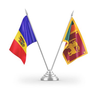 Beyaz arkaplandaki Sri Lanka ve Moldova masa bayrakları 3 boyutlu görüntüleme