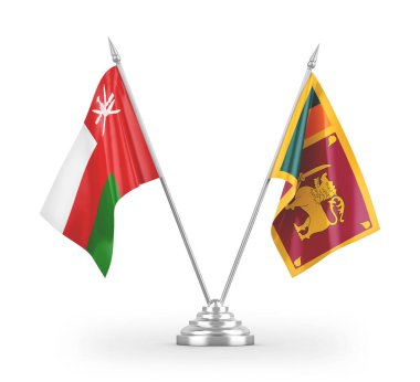 Sri Lanka ve Umman masa bayrakları beyaz arkaplanda 3 boyutlu görüntüleme