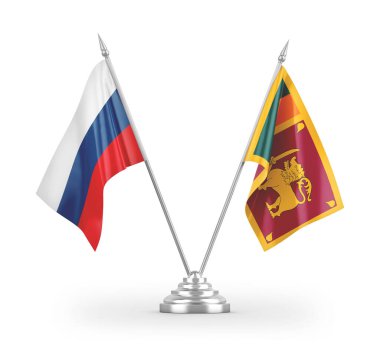 Sri Lanka ve Rusya masa bayrakları beyaz arkaplanda izole edilmiş 3D görüntüleme