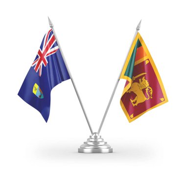 Sri Lanka ve Saint Helena masa bayrakları beyaz arka planda izole edilmiş 3D görüntüleme