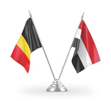 Yemen ve Belçika masa bayrakları beyaz arkaplandaki 3D görüntüleme