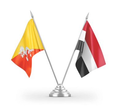 Yemen ve Bhutan masa bayrakları beyaz arka planda izole edilmiş 3D görüntüleme