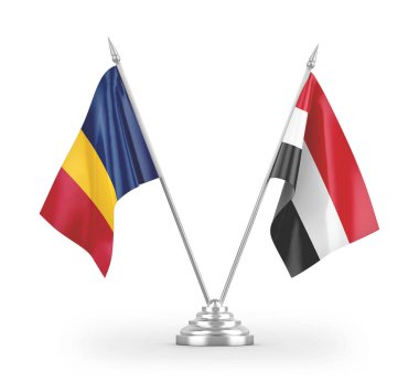 Yemen ve Çad masa bayrakları beyaz arka planda izole edilmiş 3D görüntüleme