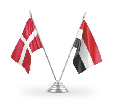 Beyaz arkaplandaki Yemen ve Danimarka bayrakları 3 boyutlu görüntüleme