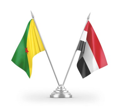 Yemen ve Fransız Guyanası masa bayrakları beyaz arkaplanda 3 boyutlu görüntüleme