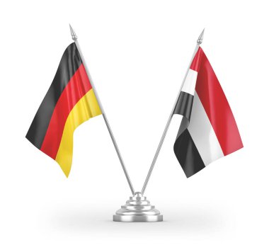 Yemen ve Almanya masa bayrakları beyaz arkaplandaki 3D görüntüleme