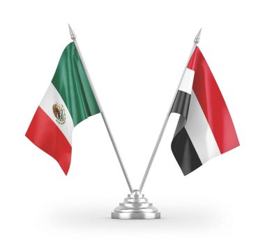 Yemen ve Meksika masa bayrakları beyaz arka planda izole edilmiş 3D görüntüleme