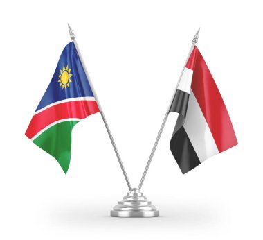 Yemen ve Namibya masa bayrakları beyaz arka planda izole edilmiş 3D görüntüleme