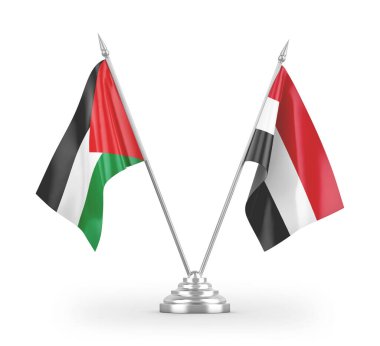 Yemen ve Filistin masa bayrakları beyaz arka planda 3 boyutlu görüntüleme