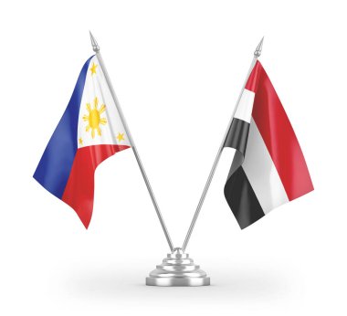 Yemen ve Filipinler masa bayrakları beyaz arka planda izole edilmiş 3D görüntüleme