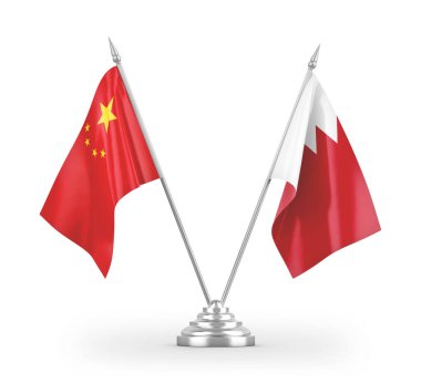 Bahreyn ve Çin masa bayrakları beyaz arka planda izole edilmiş 3D görüntüleme