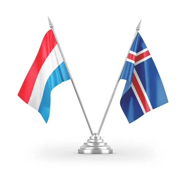 Islanda Lussemburgo Bandiere Tavolo Isolate Sfondo Bianco Rendering — Foto Stock