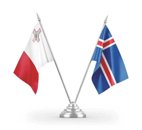 Bandeiras Mesa Islândia Malta Isoladas Fundo Branco Renderização — Fotografia de Stock
