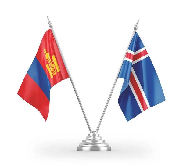 Bandeiras Mesa Islândia Mongólia Isoladas Fundo Branco Renderização — Fotografia de Stock