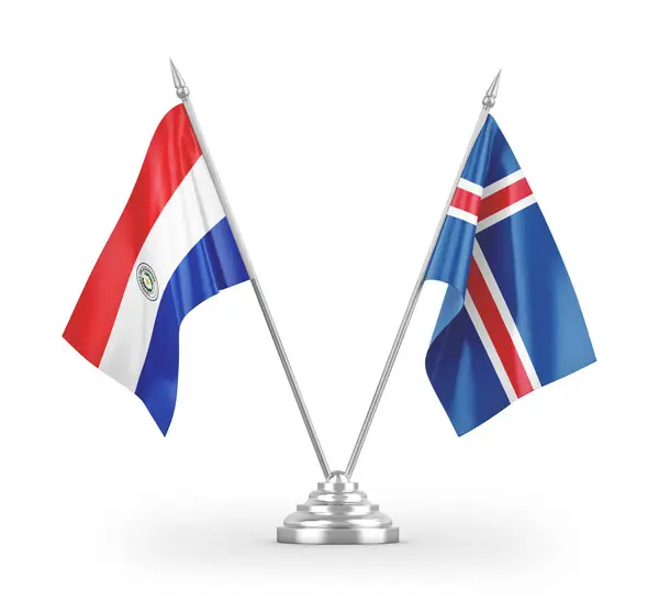 Bandiere Tavolo Islanda Paraguay Isolate Sfondo Bianco Rendering — Foto Stock