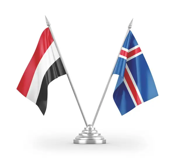 Bandiere Tavolo Islanda Yemen Isolate Sfondo Bianco Rendering — Foto Stock