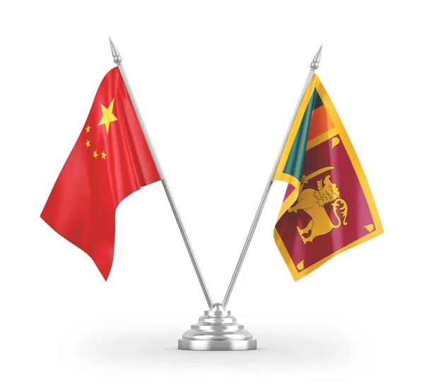 スリランカと中国のテーブルフラグは 白い背景3Dレンダリングに分離 — ストック写真