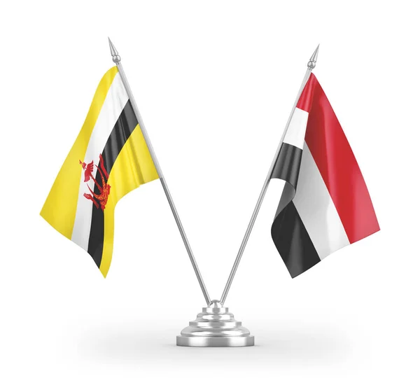 Bandiere Tavolo Yemen Brunei Darussalam Isolate Sfondo Bianco Rendering — Foto Stock