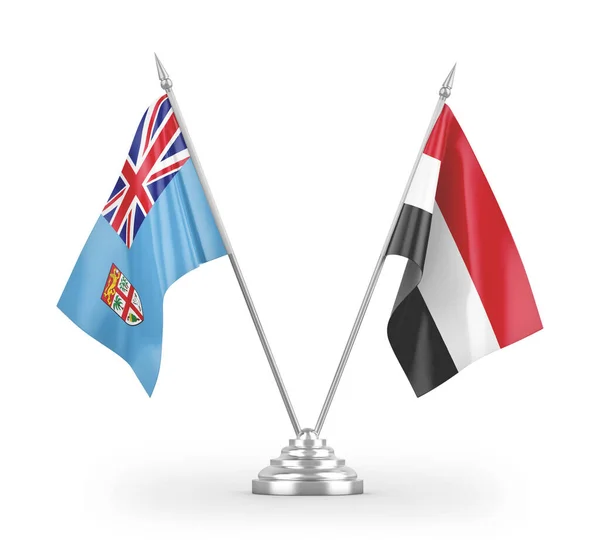 Banderas Mesa Yemen Fiji Aisladas Sobre Fondo Blanco — Foto de Stock