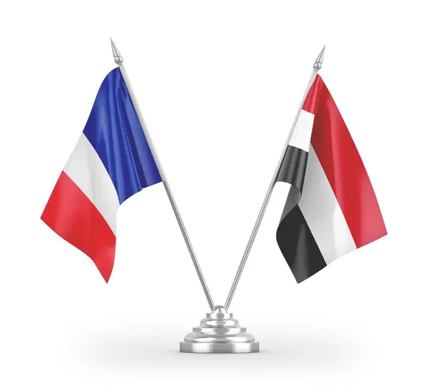Banderas Mesa Yemen Francia Aisladas Sobre Fondo Blanco — Foto de Stock