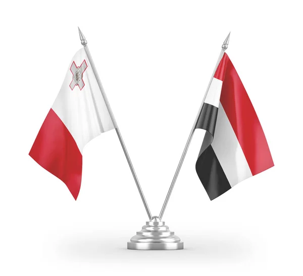 Bandeiras Mesa Iêmen Malta Isoladas Fundo Branco Renderização — Fotografia de Stock