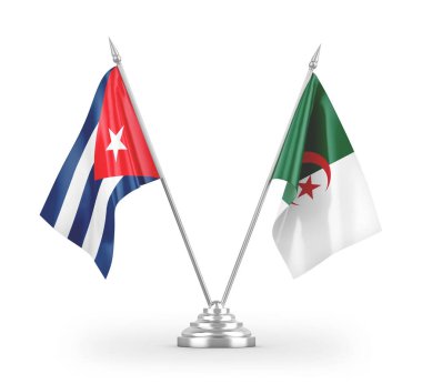 Cezayir ve Küba masa bayrakları beyaz arkaplanda izole edilmiş 3D görüntüleme