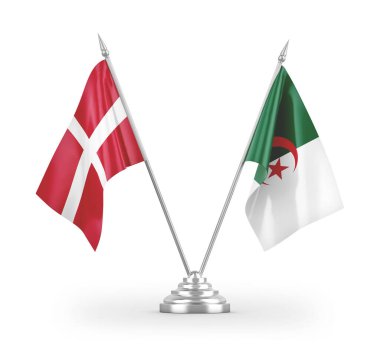 Cezayir ve Danimarka masa bayrakları beyaz zemin üzerinde izole edilmiş 3D görüntüleme