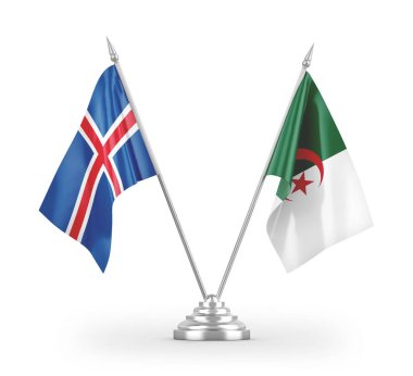 Cezayir ve İzlanda masa bayrakları beyaz zemin üzerinde izole edilmiş 3D görüntüleme