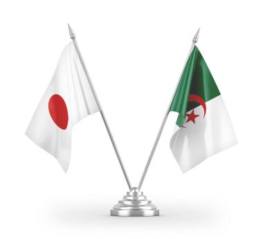 Cezayir ve Japonya masa bayrakları beyaz zemin üzerinde izole edilmiş 3D görüntüleme
