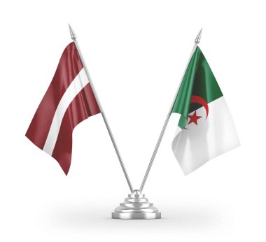 Cezayir ve Letonya masa bayrakları beyaz arkaplanda izole edilmiş 3D görüntüleme