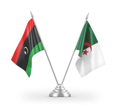 Cezayir ve Libya masa bayrakları beyaz arka planda izole edilmiş 3D görüntüleme