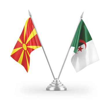 Cezayir ve Kuzey Makedonya masa bayrakları beyaz zemin üzerinde izole edilmiş 3D görüntüleme