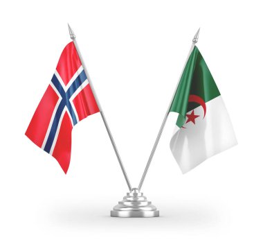 Cezayir ve Norveç masa bayrakları beyaz zemin üzerinde izole edilmiş 3D görüntüleme