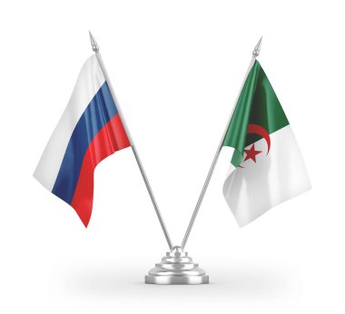 Cezayir ve Rusya masa bayrakları beyaz arka planda izole edilmiş 3D görüntüleme