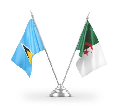 Cezayir ve Saint Lucia masa bayrakları beyaz arka planda izole edilmiş 3D görüntüleme