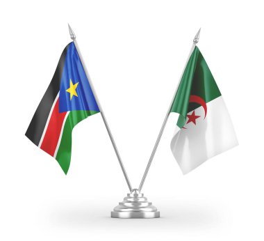 Cezayir ve Güney Sudan masa bayrakları beyaz zemin üzerinde izole edilmiş 3D görüntüleme