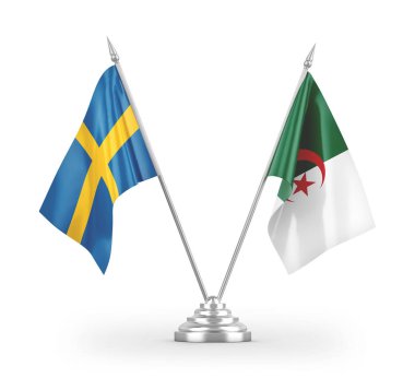 Cezayir ve İsveç masa bayrakları beyaz arkaplanda izole edilmiş 3D görüntüleme