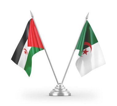 Cezayir ve Batı Sahra masa bayrakları beyaz zemin üzerinde izole edilmiş 3D görüntüleme