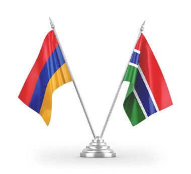 Gambiya ve Ermenistan masa bayrakları beyaz arkaplanda izole edilmiş 3D görüntüleme