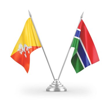 Gambiya ve Bhutan masa bayrakları beyaz arkaplanda izole edilmiş 3D görüntüleme