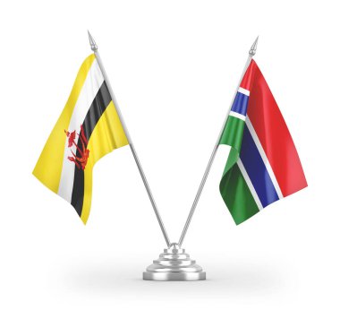 Gambiya ve Brunei Darussalam masa bayrakları beyaz arkaplanda izole edilmiş 3D görüntüleme
